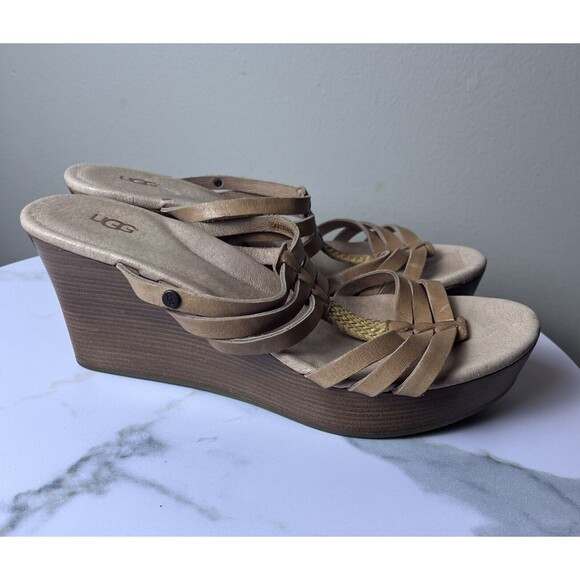 UGG Mattie Brown Leather Wedge Heel Wood Platform Slip On Sandals Size 8.5 - Picture 3 of 7